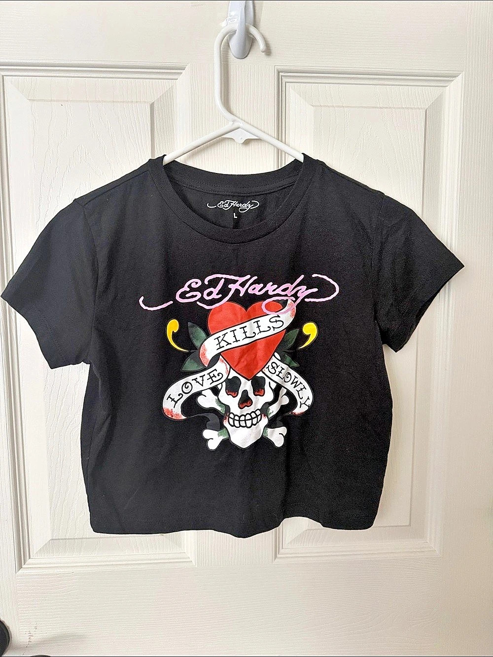 NWOT Ed Hardy Love Kills Slowly Crop Tee Black & Pink Large